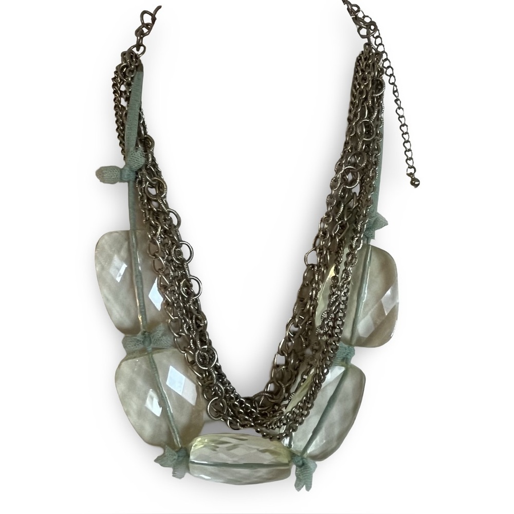 Chunky Light Green Lucite Beqds And Silver Chain Necklace